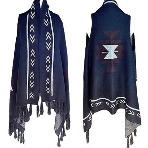 World Market Aztec Duster Poncho Sweater Vest Cardigan Wrap Black One Size